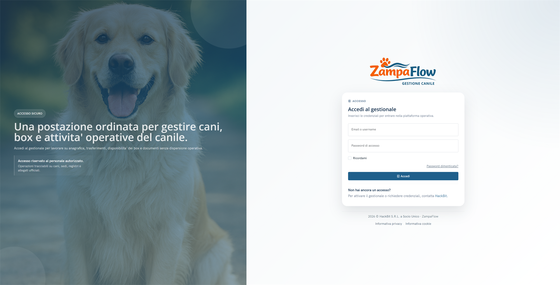 Schermata di accesso all'applicazione ZampaFlow